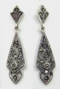 Pair of silver marcasite pendant ear-rings stamped 925 Condition Report <a