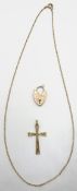 9ct gold cross hallmarked, on gold necklace and a heart locket, both stamped 9ct, approx 7.