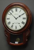 Victorian style walnut drop dial wall clock, twin train movement, striking on bell, dial signed 'J.
