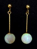 Pair of 9ct gold opal pendant ear-rings,