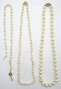 Three pearl necklaces with gold clasps stamped 14K Condition Report Clasp end