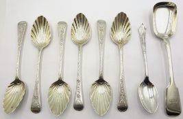 Set of six George III silver teaspoons, scallop bowls,