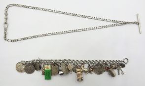 Silver charm bracelet hallmarked and silver figaro T bar Albert chain chain stamped 925