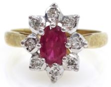 Ruby and diamond gold cluster ring hallmarked 9ct Condition Report Size M-N,