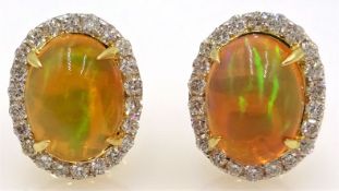 Pair of fire opal and round brilliant cut diamond gold (tested 18ct) stud ear-rings, opals 2.