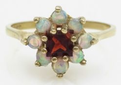 9ct gold garnet and opal cluster ring hallmarked Condition Report Size Q - R,