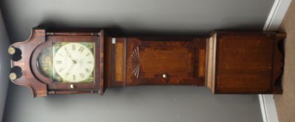19th century mahogany crossbanded oak long case clock arched dial painted Turnbull Whitby,