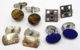 Four pairs of silver cuff-links including lapis lazuli and tigers eye,