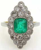 Early 20th century gold emerald and diamond ring, marquise setting, 18ct.