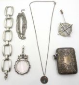 Silver vesta case hallmarked and magnifying glass both hallmarked, silver chains,