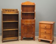Narrow reproduction yew wood bookcase cabinet, three shelves, bow fronted drawer and cupboard,