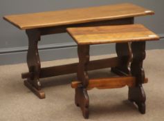 Two rectangular oak benches, solid end supports joined by stretcher, W92cm, H46cm,