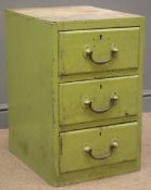 Green three drawer chest, brass drop drawer handles, 'LNER' stamp on handle, three spare handles,
