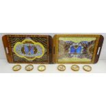 Two Tunbridge ware style serving trays with butterfly wing panels,