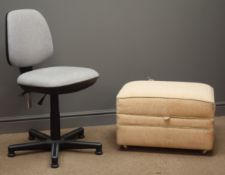 Adjustable upholstered swivel desk chair (W50cm, D50cm) and one hinged upholstered footstool (W65cm,