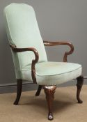 Georgian style walnut framed upholstered armchair, two cabriole front supports,