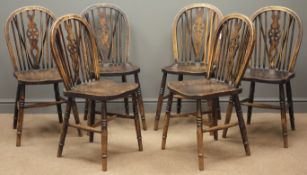 Set six elm and beech wheel back chairs, pierced splat, turned supports and stretchers, W41cm,