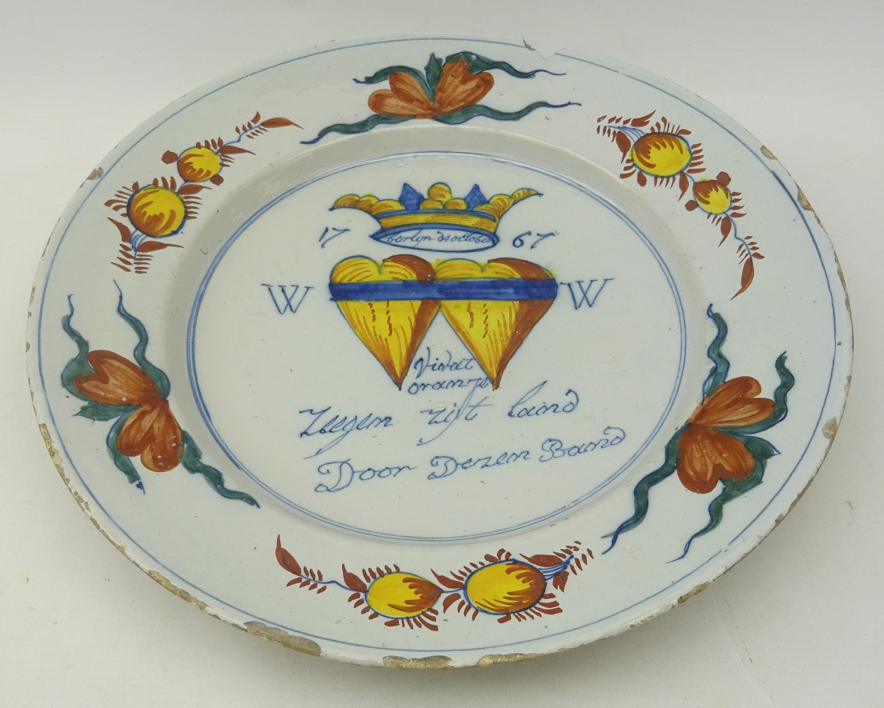 Mid 18th century Delft marriage plate decorated with polychrome enamels,