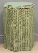 'Lloyd Loom' hexagonal linen bin, green and gold wicker work, glazed top, W39cm, H56cm,