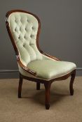 Victorian style spoon back nursing chair, light green upholstery, W60cm, H92cm,