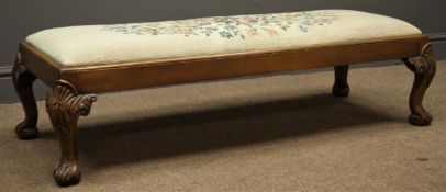 Queen Anne style walnut footstool, rectangular needlework upholstered drop in cushion,
