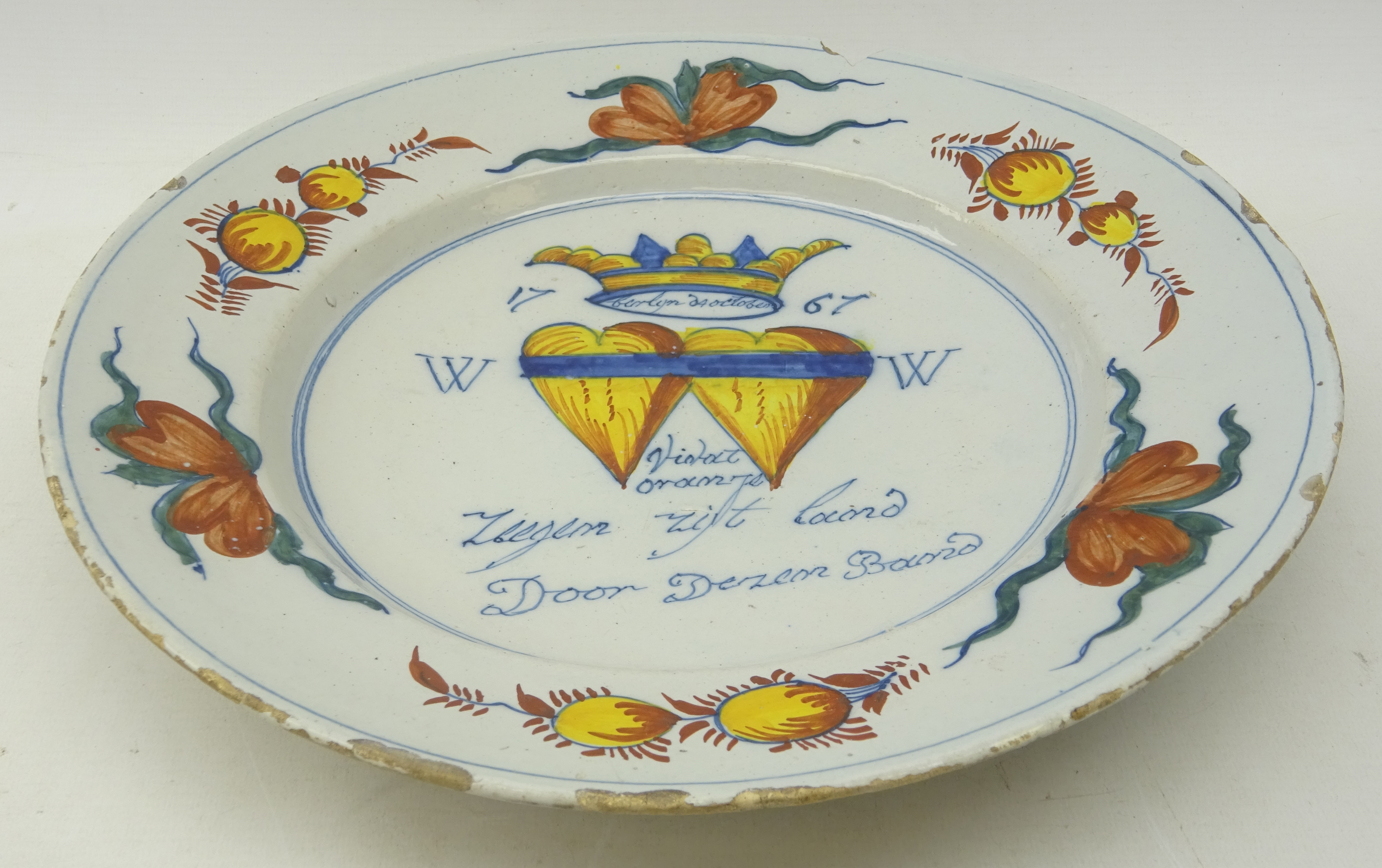 Mid 18th century Delft marriage plate decorated with polychrome enamels, - Image 2 of 3