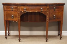 Sheraton style mahogany serpentine sideboard, inlaid with flowers, brass lion mask handles,