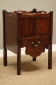 George III mahogany night cabinet, tray top above two crossbanded doors and pull out shallow drawer,