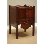 George III mahogany night cabinet, tray top above two crossbanded doors and pull out shallow drawer,