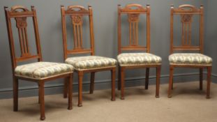 Set four oak Arts & Crafts dining chairs, pierced cresting rail, relief carved floral motif,