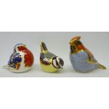 Three Royal Crown Derby paperweights, 'bluetit', 'waxwing' and 'robin', boxed,
