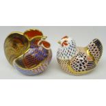 Two Royal Crown Derby paperweights, 'chicken' and 'cockerel', boxed,