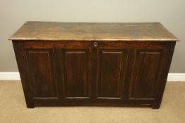 18th century oak coffer with hinged top above four fielded panel front, panelled sides, W157cm,