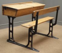 Vintage pine and cast iron double school desk, 'WELLINGTON SALOP', two hinged desk tops,