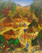 African Village Scene, oil on canvas signed by K. A.