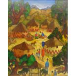 African Village Scene, oil on canvas signed by K. A.