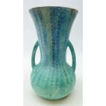 Art Deco two handled pottery vase, with streaked and mottled blue glaze, stamped 21,