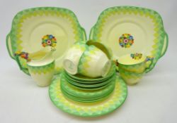 Art Deco Crown Staffordshire tea set for six, with a graduated green tone checkered border,