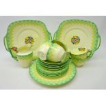 Art Deco Crown Staffordshire tea set for six, with a graduated green tone checkered border,