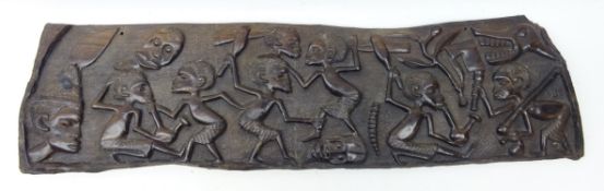 African hardwood panel, relief carved with figures,