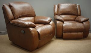 Electric reclining armchair and matching manual reclining armchair upholstered in brown leather,