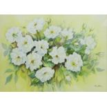 'White Dog Roses', watercolour signed by Thelma Whiting,