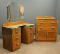 Mid 20th century 'Heal's of London' style oak dressing table, three piece frameless mirror back,