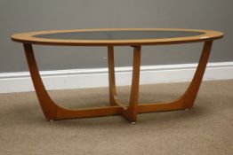 Vintage teak oval coffee table with inset glass top, 107cm x 54cm,
