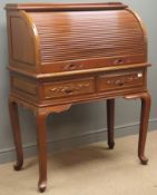 Chinese hardwood tambour roll top bureau, with fitted interior, above two drawers,
