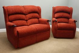 Two seat sofa (W125cm), and matching wingback armchair (W80cm), upholstered in red chenille fabric,