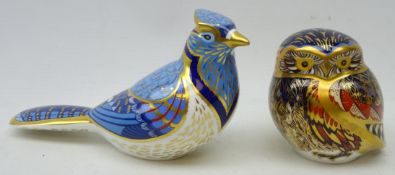 Two Royal Crown Derby paperweights, 'blue jay' and 'little owl', boxed,