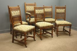 Set six (5+1) Edwardian oak dining chairs, arcade carved cresting rail above shaped uprights,