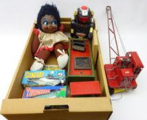 Tri-ang tinplate Jones mobile crane, Zonka products Barbados doll, magic lantern slides,