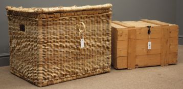 Large wicker basket with hinged lid, (W2cm, H58cm, D59cm), and a pine crate, hinged lid,